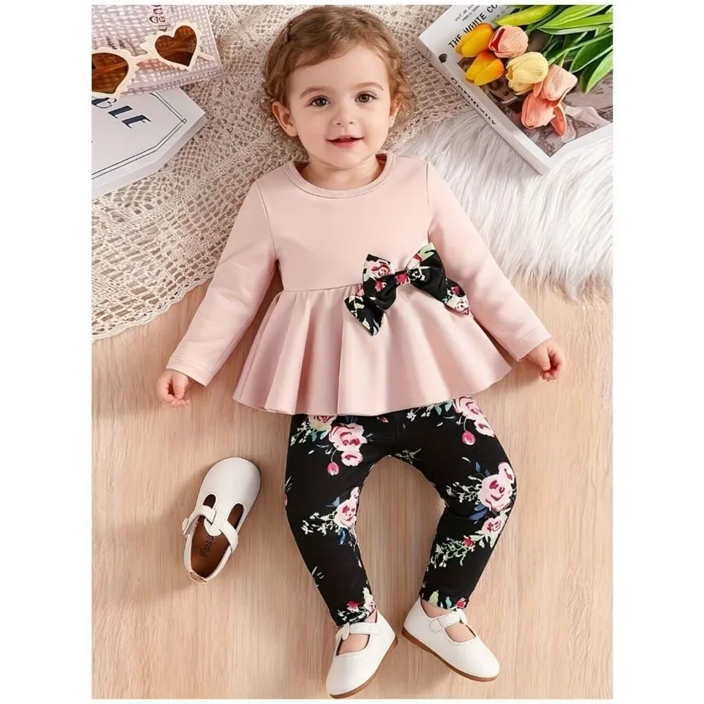 NWT Blossom Chic Two-Piece Set Pink & Black Top Coordinating Floral Leggings